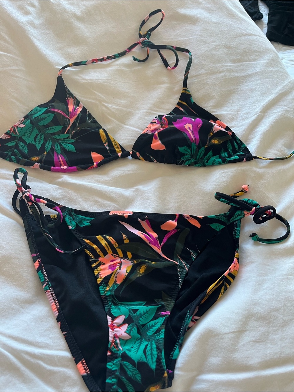 Old Navy Black Tropical Floral Tie Bikini with Pink and Green Accents